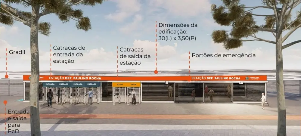 Na imagem, renderização digital em perspectiva frontal da 