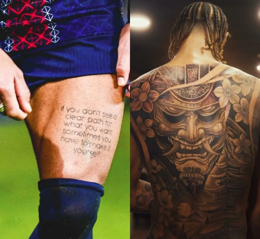 Na imagem, as tatuagens do fechamento de costas do Barcola e a frase na perna do Doué