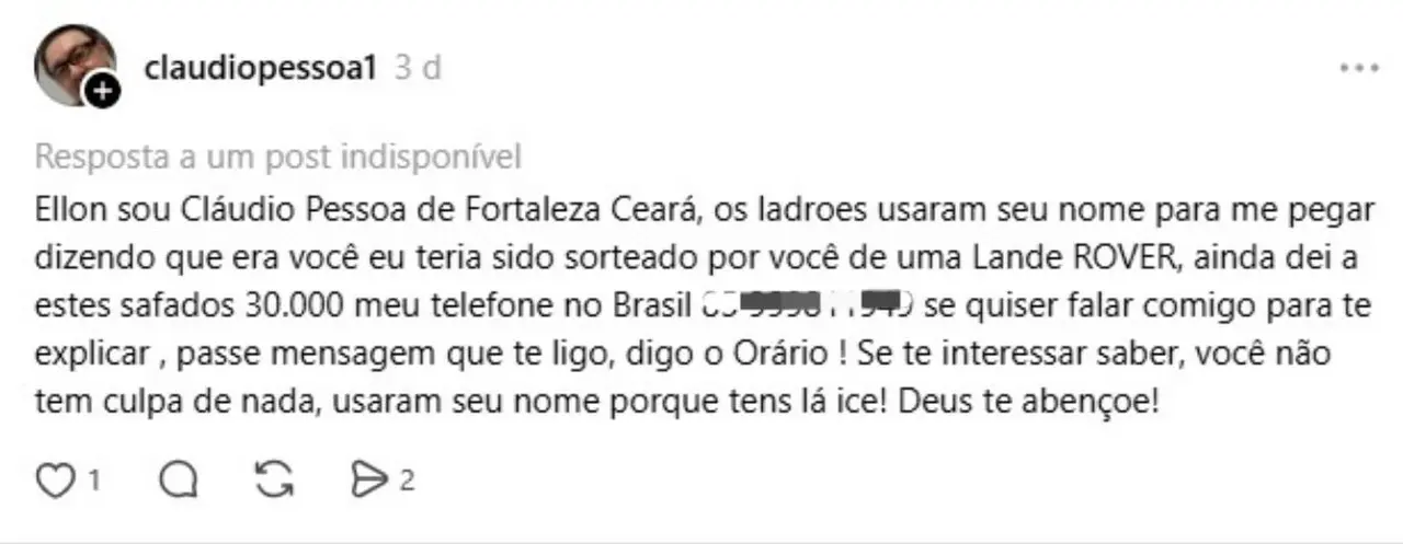 Postagem no Threads, dizendo 