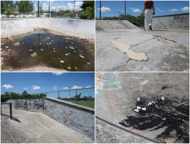 Pista de skate do Parque do Cocó apresenta estado de abandono, com rachaduras, buracos, acúmulo de lixo e entulho, comprometendo a prática esportiva e a segurança dos usuários.