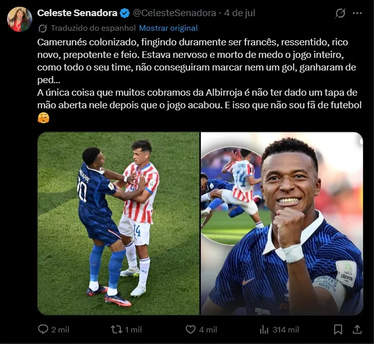 Senadora Celeste chama atacante Kylian Mbappé de 