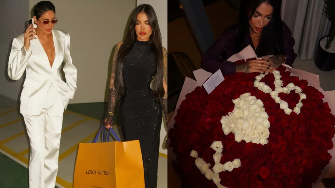 Kauana postava fotos com a namorada Bárbara (à esquerda, de branco) e de buquês volumosos nas redes sociais.