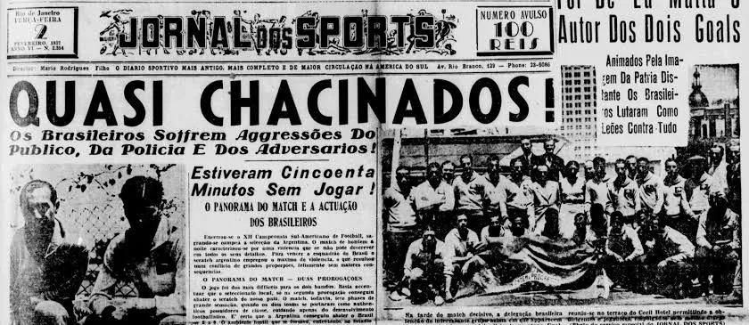 A manchete diz que os brasileiros foram 'quase chacinados' após jogo com a Argentina