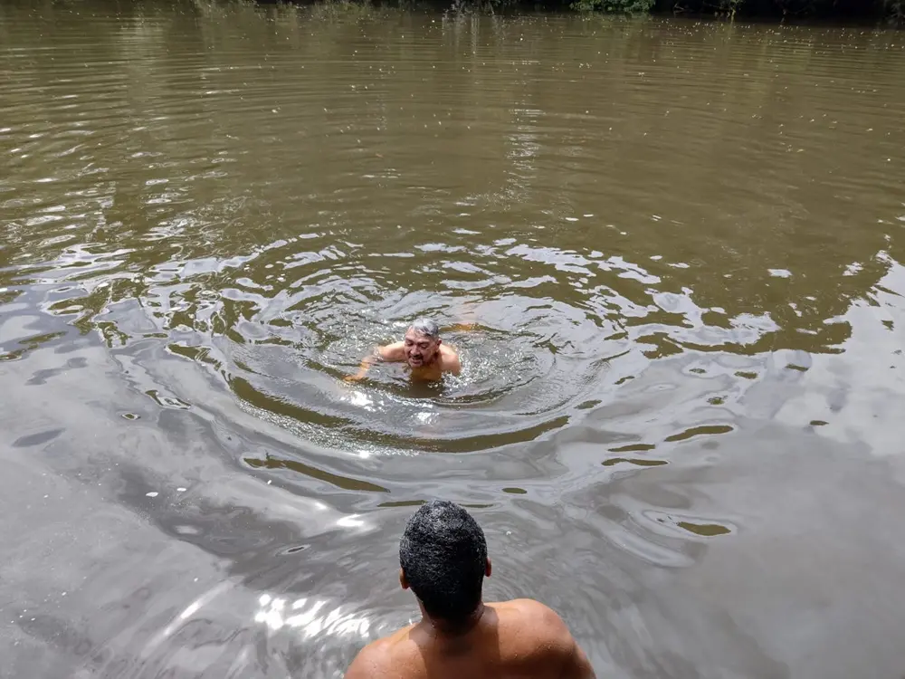Na imagem, fotografia de ângulo alto em plano médio de imagem_0.png mostra um homem de meia-idade e pele bronzeada, com cabelos curtos e grisalhos, a nadar em água turva e acastanhada num local não especificado. O homem está virado para a frente da fotografia, olhando ligeiramente para cima e para a sua direita, com os braços estendidos e as pernas a dar balanço. O seu rosto está tenso e o cabelo ligeiramente desarrumado. Uma grande ondulação circular rodeia o seu corpo na água. Outra pessoa, não visível, está em pé à direita da imagem, com as costas voltadas para a câmara, a olhar para baixo para o nadador. Uma linha de árvores e arbustos é vagamente visível no topo da fotografia, enquanto a luz do sol brilha em algumas das ondulações perto do nadador.