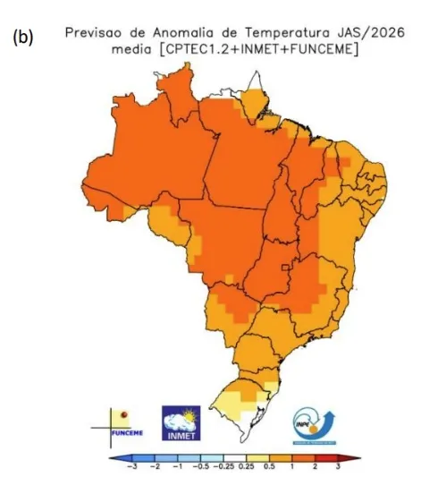 Mapa aponta que a maior parte do Ceará deverá enfrentar temperaturas médias entre 0,5°C e 1°C acima da climatologia.