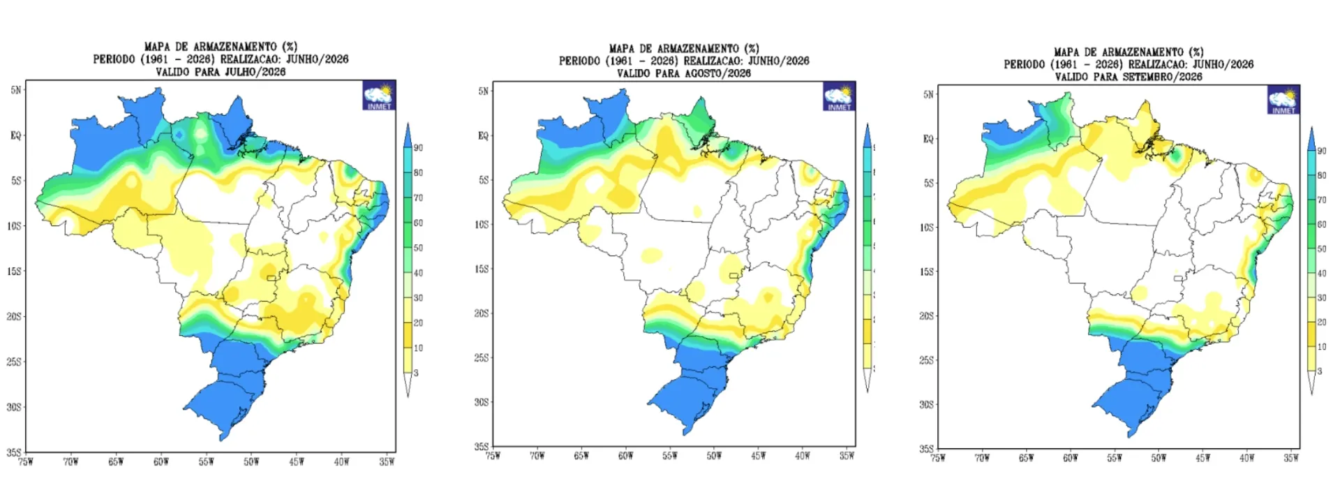 Mapas mostram redução gradual do armazenamento hídrico no Brasil entre julho e setembro de 2026.