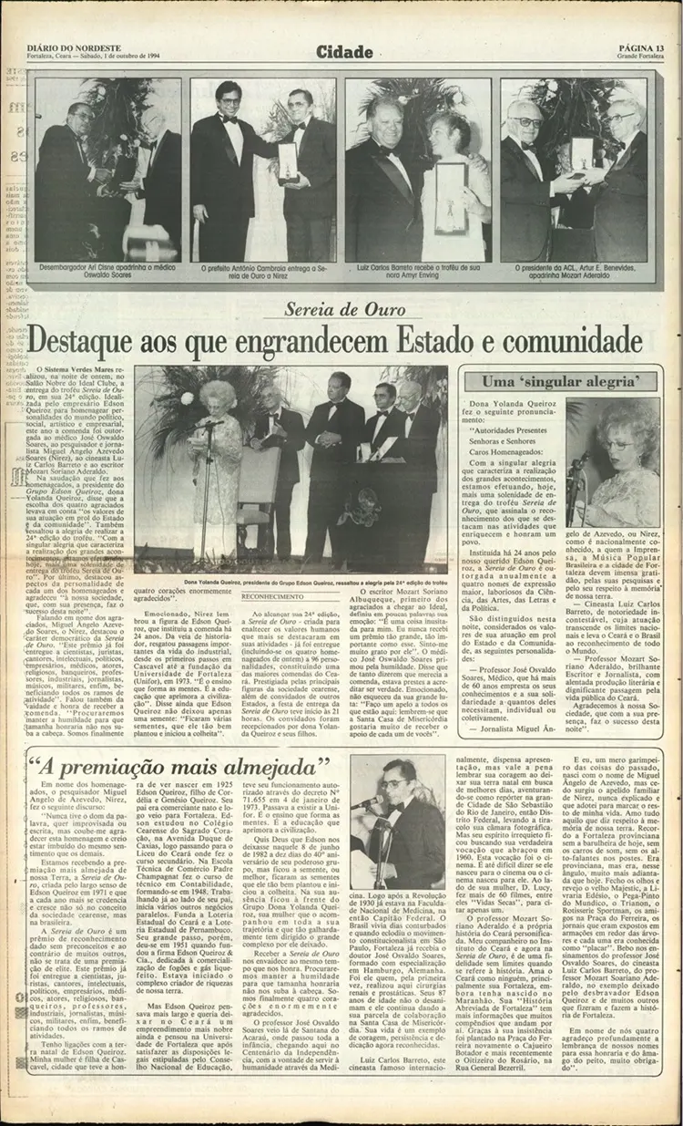 Fac-símile de matéria sobre a entrega do Sereia de Ouro que contemplou o cineasta Luiz Carlos Barreto.