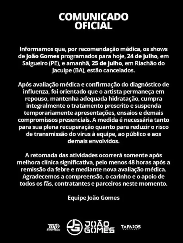 Equipe publicou comunicado sobre cancelamento de shows nas redes sociais.