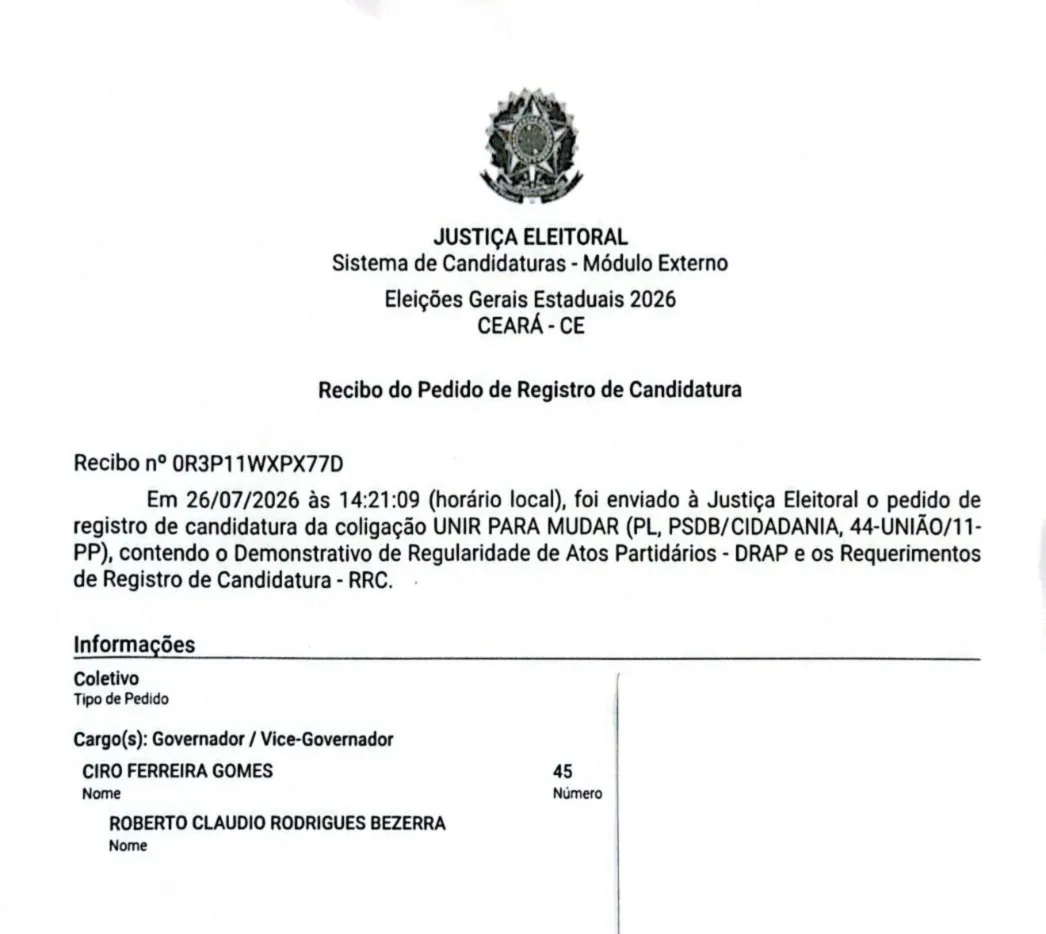 Na sequência da realização da convenção da União Progressistas, coligação pediu o registro da candidatura de Ciro a governador e Roberto Cláudio a vice.