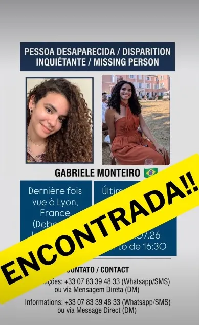 Anúncio afirma que Gabriele Monteiro foi encontrada
