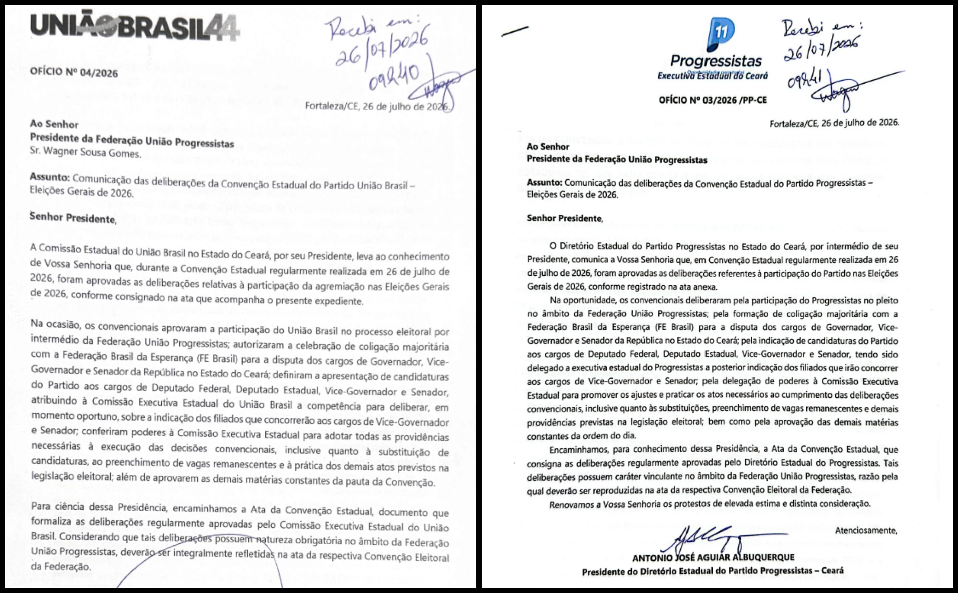 Atas das convenções partidárias de União Brasil e PP registram o apoio dos partidos a Elmano de Freitas.