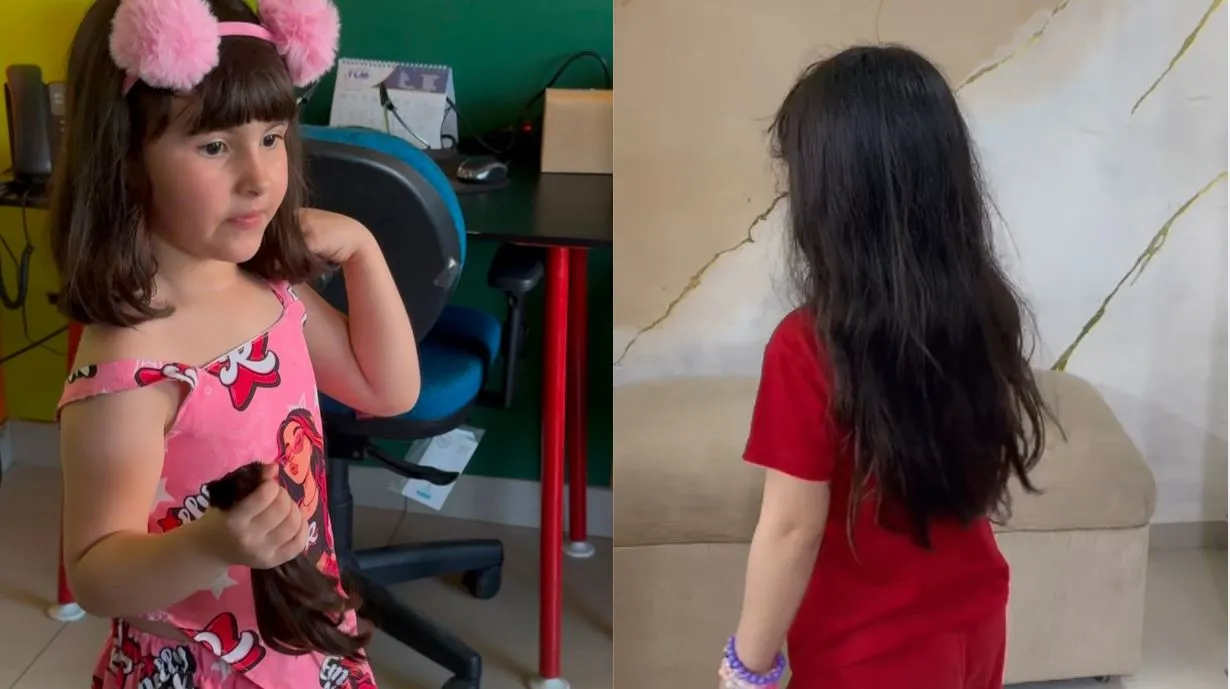 Aos cinco anos, a pequena decidiu, por vontade própria, doar boa parte do cabelo para a Associação Peter Pan, em Fortaleza.