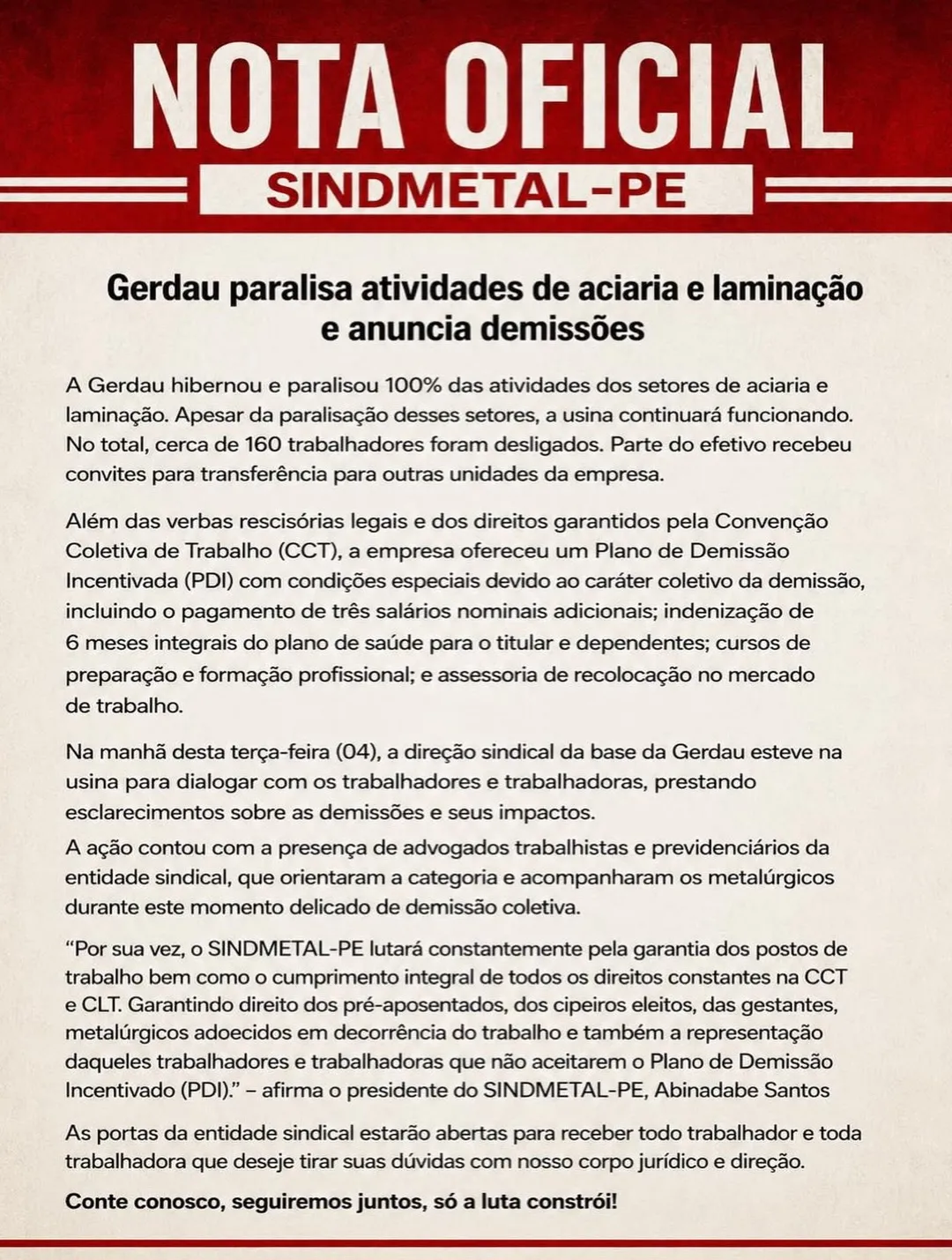 Comunicado foi publicado na página oficial do Sindicato no Instagram.