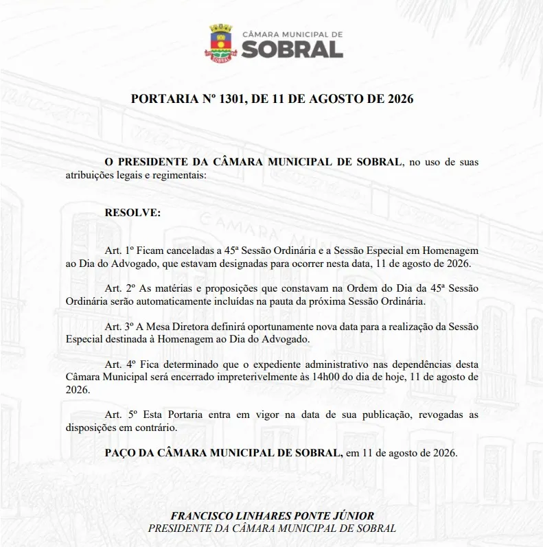 Sessões plenárias na Câmara de Sobral ocorrem às segundas e terças-feiras.