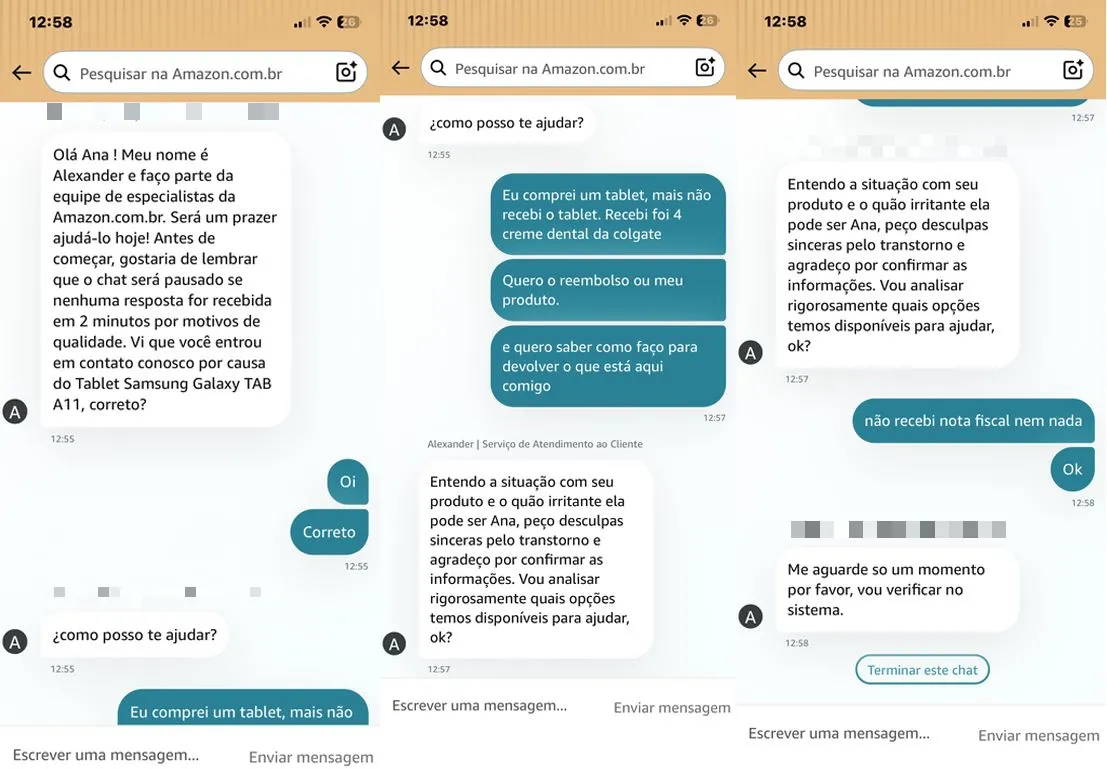 Cliente demandou suporte da Amazon para uma resposta, mas não teve o dinheiro devolvido.