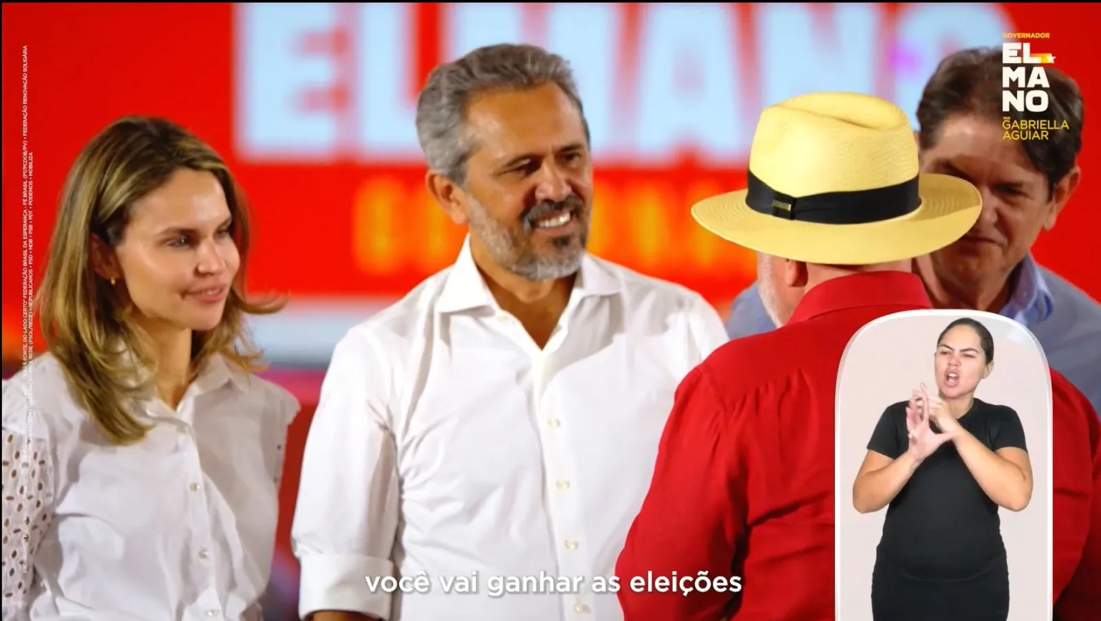 Peça publicitária de Elmano trouxe registros da convenção que lançou sua candidatura, com a presença do presidente Lula, além do candidato ao Senado, Cid Gomes (PSB), e da candidata a vice, Gabriella Aguiar (PSD).