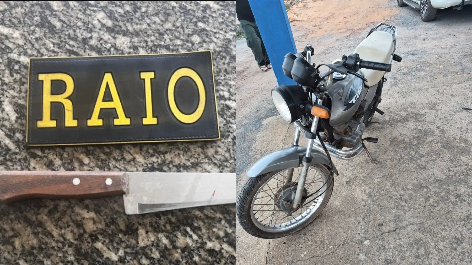 Faca utilizada para matar idoso e a moto roubada.