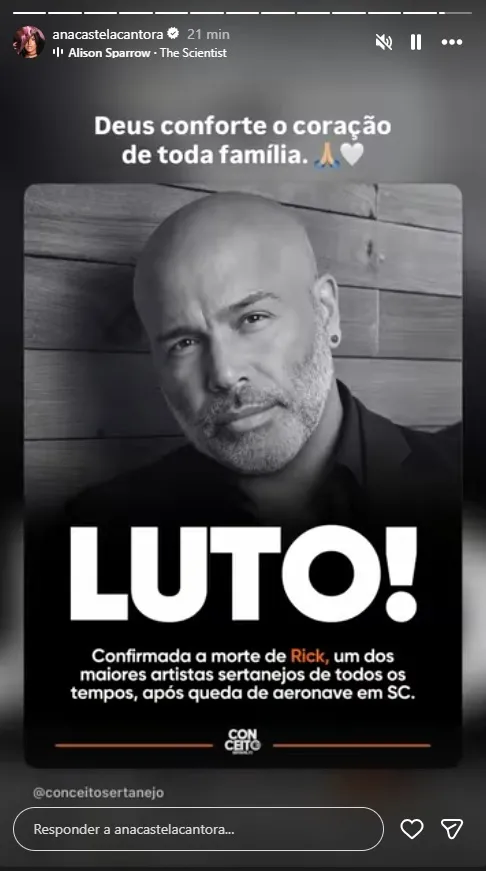 Em story, Ana Castela prestou condolências pela morte do cantor Rick.