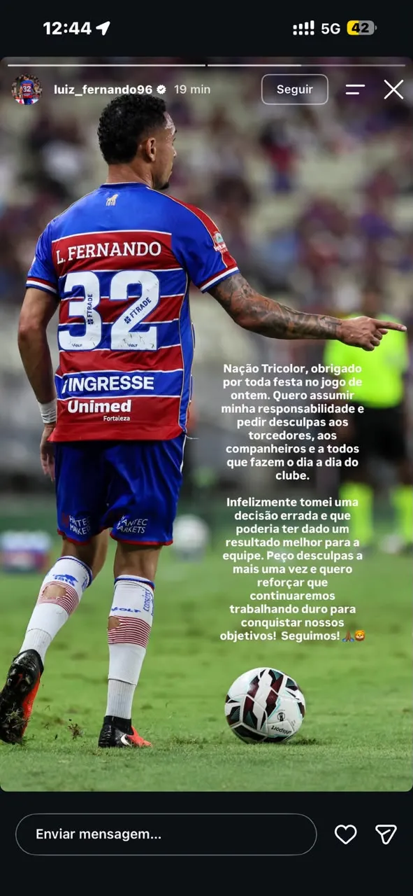 Luiz Fernando pediu desculpas para a torcida e os companheiros do Fortaleza