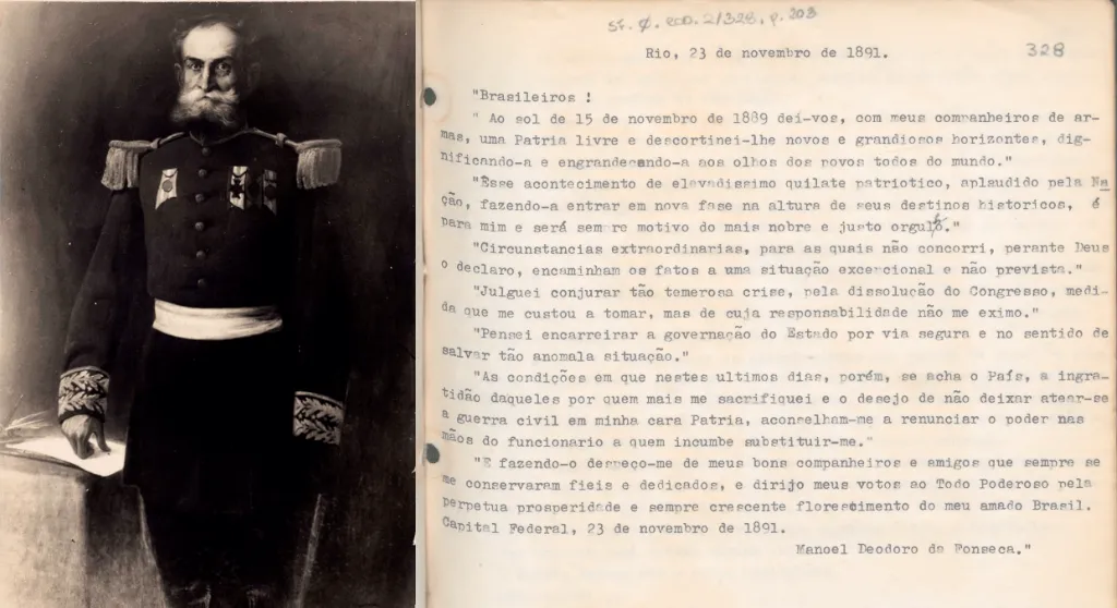 Uma pintura de Deodoro da Fonseca ao lado da sua carta de renúncia à presidência da República, datada de 1891.