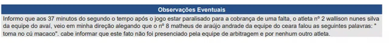 O árbitro  Alex Gomes Stefano (RJ) relatou a situação na súmula
