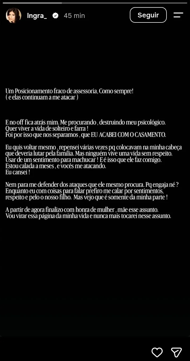 Desabafo foi postado nas redes sociais nesta quarta (7).