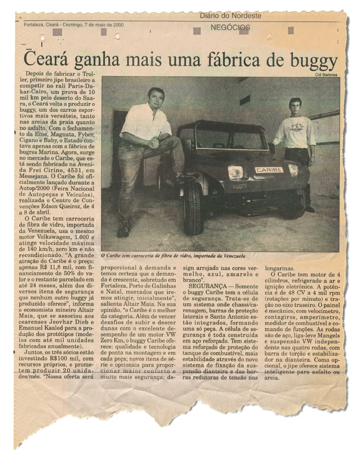 Matéria do Diário do Nordeste de 2000, anunciando a criação de mais uma fábrica de buggy no Estado. Nesse período, outras várias haviam fechado, inclusive a Fyber.